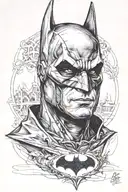 I need a sketch of the portrait of Christina Bale's Batman from the movie "The Dark Knight" in the style of realism with elements of thrashpolka, with tattoo design idea