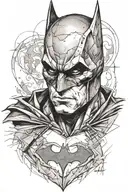 I need a sketch of the portrait of Christina Bale's Batman from the movie "The Dark Knight" in the style of realism with elements of thrashpolka, with tattoo design idea