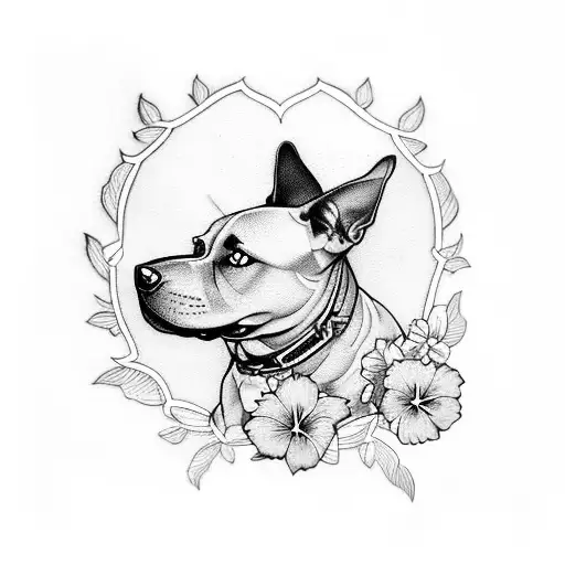 A blackwork tattoo of a blue nose staffy with a pink hibiscus  tattoo design idea