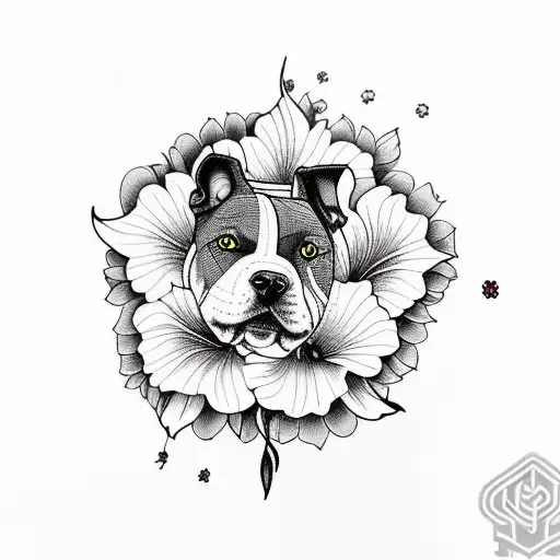 A blackwork tattoo of a blue nose staffy with a pink hibiscus  tattoo design idea