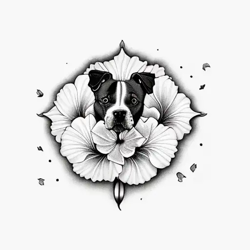 A black and grey tattoo of a blue nose staffy with 1 pink hibiscus  tattoo design idea