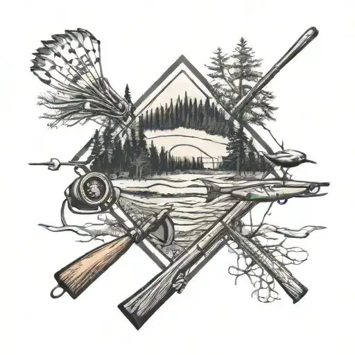 A collage of hunting and fishing gear forming the shape of a baseball diamond, with a forest background tattoo design idea