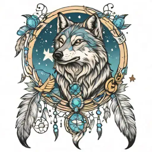 dreamcatcher wolf stars moon tattoo design idea