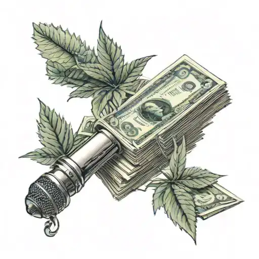 A stack of cash with a microphone and marijuana plant emerging from it, representing the client's passion for music and weed tattoo design idea