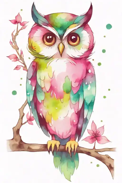 cute small magenta, dark teal, light green and white owl on a branch with owl and Orion constellation behind tattoo design idea