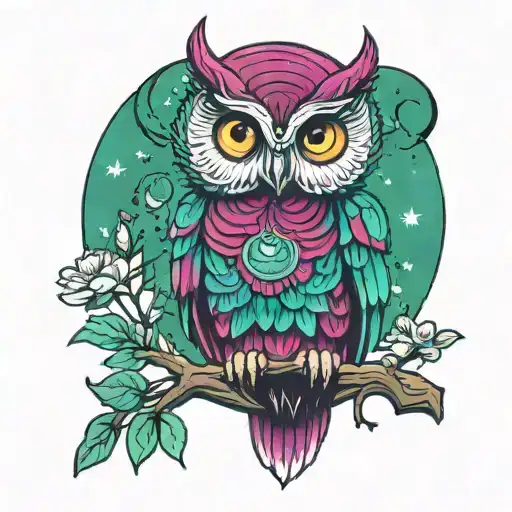 magenta, dark teal,  and white owl with green eyes perched on a branch with orion constellation and moon behind  tattoo design idea