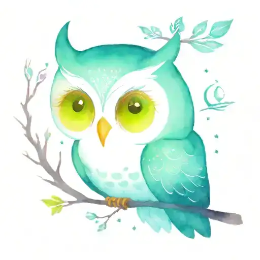 magenta, dark teal,  and white owl with green eyes perched on a branch with orion constellation and moon behind  tattoo design idea