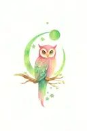 cute pink, white, light green and dark teal owl on a branch with a crescent moon and the constellation orion behind tattoo design idea