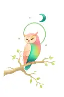 cute pink, white, light green and dark teal owl on a branch with a crescent moon and the constellation orion behind tattoo design idea