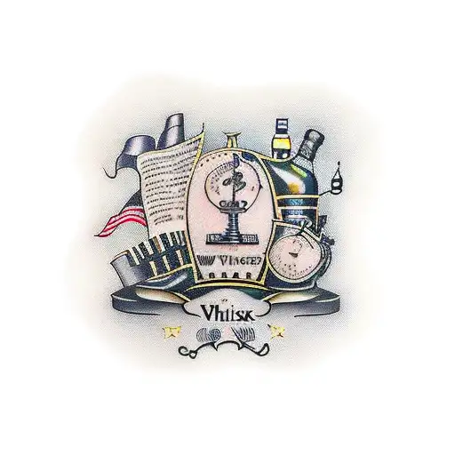whisky, chess and piano tattoo design idea