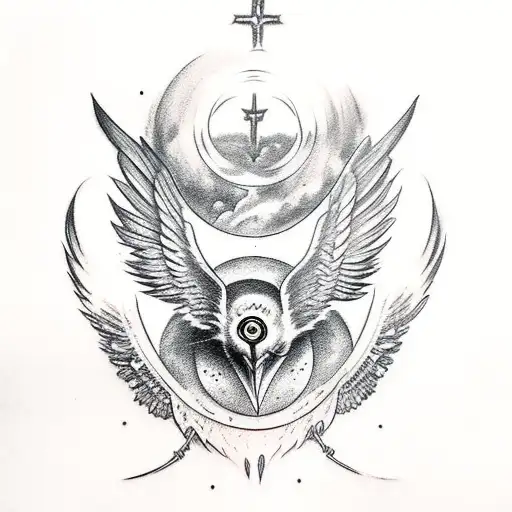 tattoo of raven with double pair of wings and multiple eyes. religious context - slavic paganism tattoo design idea