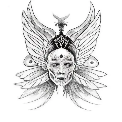 tattoo of raven with double pair of wings and multiple eyes. religious context - slavic paganism tattoo design idea