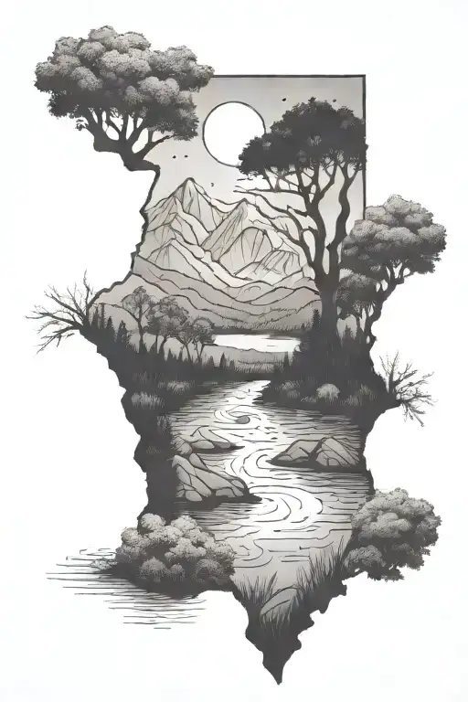 diamond outline filled with a nature scene depicting a river flowing through the ozarks in arkansas tattoo design idea