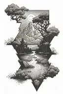 diamond outline filled with a nature scene depicting a river flowing through the ozarks in arkansas tattoo design idea
