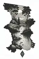 diamond outline filled with a nature scene depicting a river flowing through the ozarks in arkansas tattoo design idea