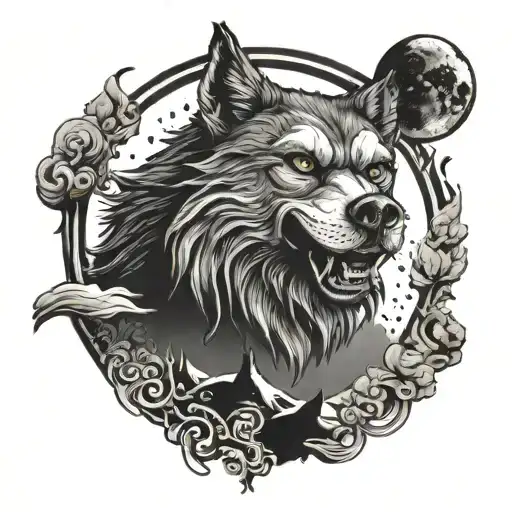 A surreal combination of a dark art piece with a clown face and a wolf howling at the moon tattoo design idea