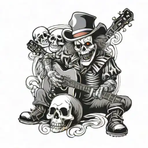A dark and twisted clown playing a guitar, with a skull in the background tattoo design idea