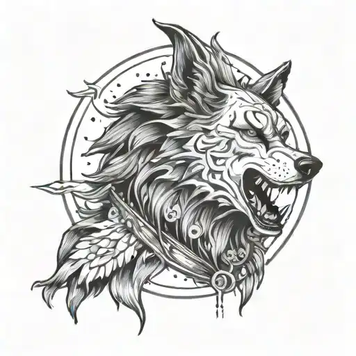 A surreal combination of a dark art piece with a clown face and a wolf howling at the moon tattoo design idea