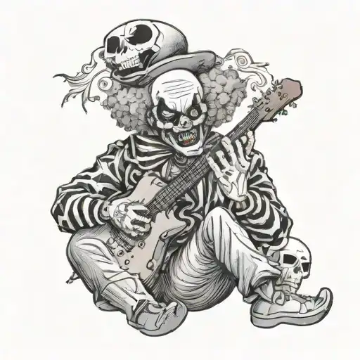 A dark and twisted clown playing a guitar, with a skull in the background tattoo design idea