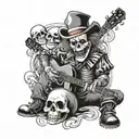 A dark and twisted clown playing a guitar, with a skull in the background tattoo design idea