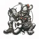 A dark and twisted clown playing a guitar, with a skull in the background tattoo design idea
