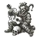 A dark and twisted clown playing a guitar, with a skull in the background tattoo design idea