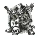 A dark and twisted clown playing a guitar, with a skull in the background tattoo design idea