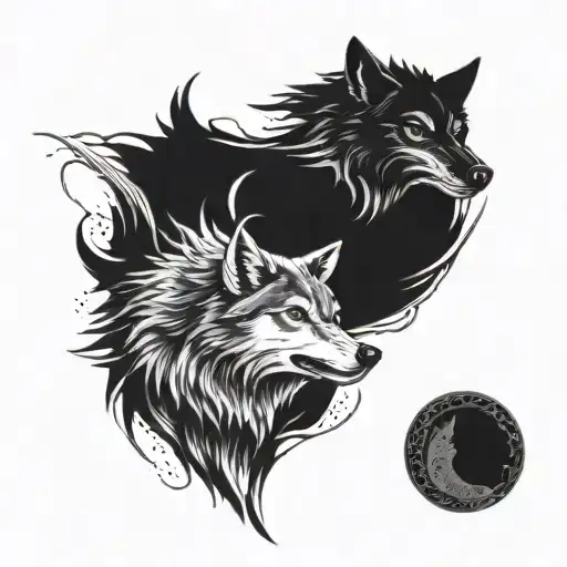 Two wolves chasing each other forming a loop with their bodies. One is black, the other is white. tattoo design idea