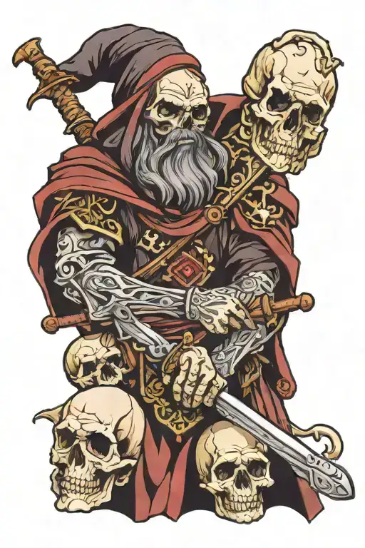 dark wizard resting hands on a sword that is buried in a pile of skulls tattoo design idea