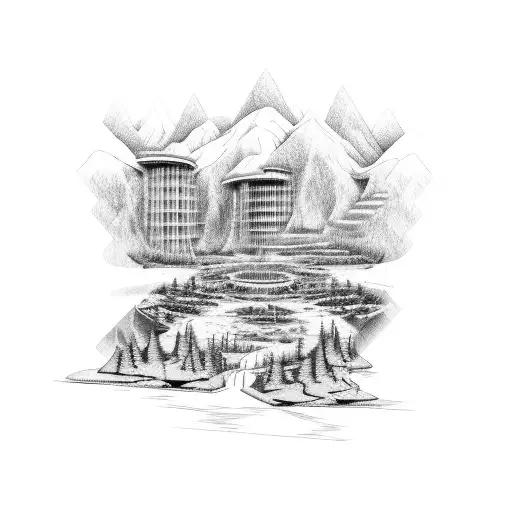 A civil engineer holding a blueprint with a scenic outdoor backdrop tattoo design idea