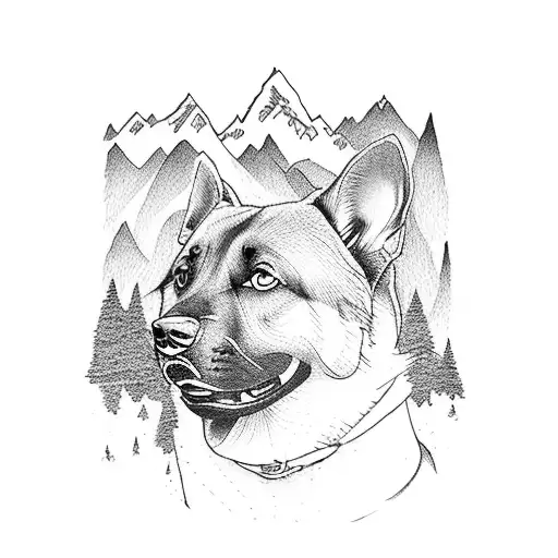 climber in mountain with a german shepperd in top tattoo design idea