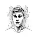 A design featuring Justin Bieber's face merged with a guitar tattoo design idea