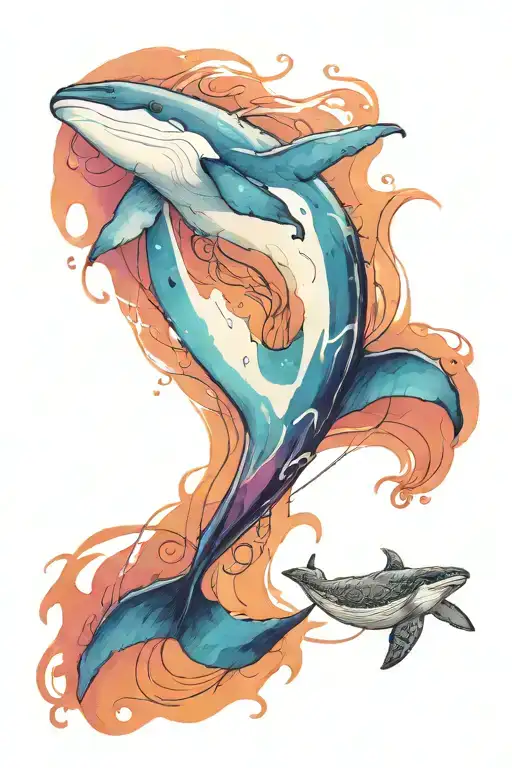 Ocean tatto, with whale, manta ant turtle witch are i vertikal line. First layer are colours streaks. Next layer are ani tattoo design idea