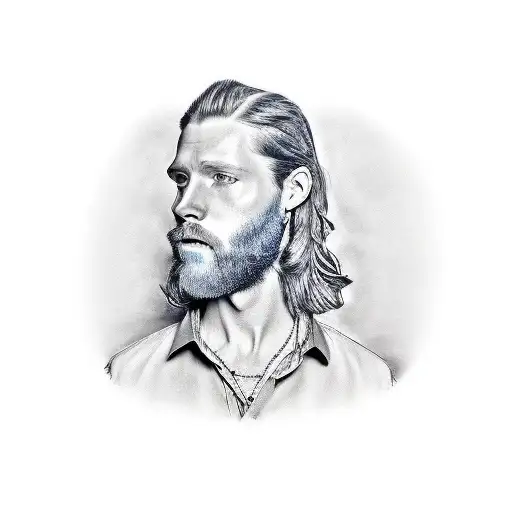 man with long ginger hair with blue shirt tattoo design idea
