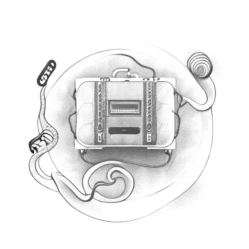 A snake coiled around a boombox, with musical waves emanating from it tattoo design idea