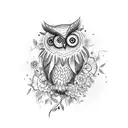 An owl perched on a spray paint can, with a microphone in its beak, surrounded by colorful flowers tattoo design idea