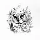 An owl perched on a spray paint can, with a microphone in its beak, surrounded by colorful flowers tattoo design idea