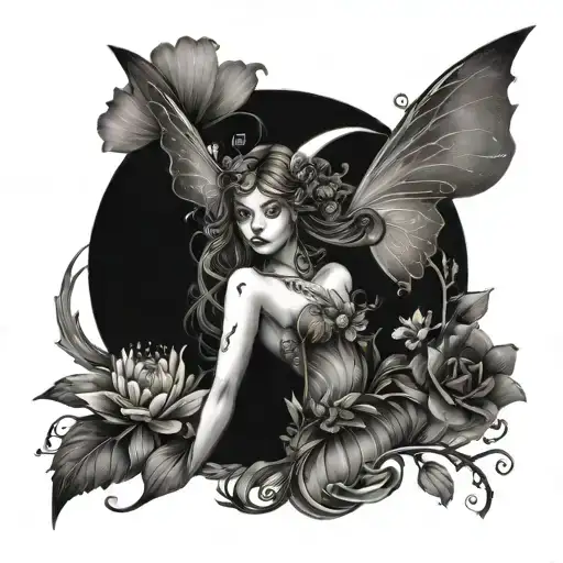 fairy surrounded flowers and moon merging together tattoo design idea