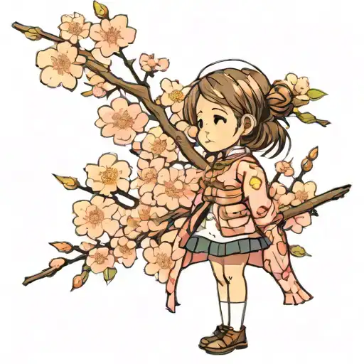 Start with the image of a young girl standing beneath a cherry blossom tree. The blossoms could be in full bloom, symbol tattoo design idea