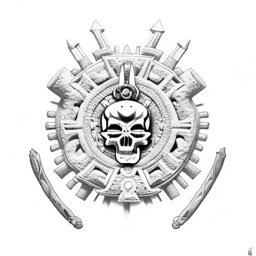 El dios azteca de la muerte sentado en su trono con una pierna doblada encima de la otra y un corazón entre las manos  tattoo design idea