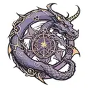 A purple ouroboros dragon outlined in black and shaded in purple with a chaos star inside the ouroboros and a Friday the tattoo design idea