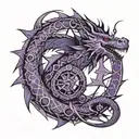 A purple ouroboros dragon outlined in black and shaded in purple with a chaos star inside the ouroboros and a Friday the tattoo design idea