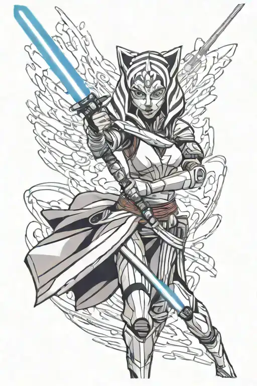 ahsoka tano with two light sabers in a fighting stance tattoo design idea