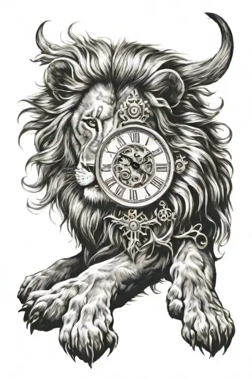 Lion with clock face tattoo design idea