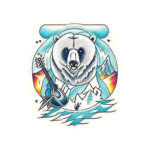 Bear with mountains and guitar tattoo design idea