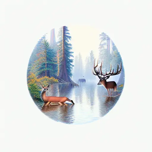 Redwood Forest with deer, river and fish tattoo design idea