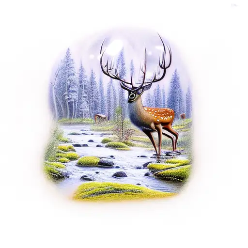 Forest with deer and a trout jumping out of a river tattoo design idea