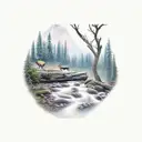 Forest with deer and a trout jumping out of a river tattoo design idea