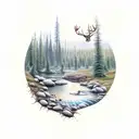 Forest with deer and a trout jumping out of a river tattoo design idea