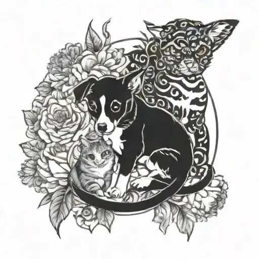 A tattoo design featuring a dog and cat playing together surrounded by vibrant flowers, with an anchor subtly incorporated into the background tattoo design idea